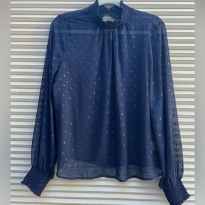 Woman’s Express Navy Mock turtle neck sheer balloon sleeve blouse EUC SIZE MED